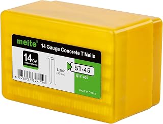 meite Concrete Nails for Concrete Nailer 14 Gauge 1-3/4 Inch Leg Galvanized T-Nails for Pneumatic Nail Gun, Glue-collated Steel T Nail for Furring Strips Decking Truss Building, 400PCS/Box