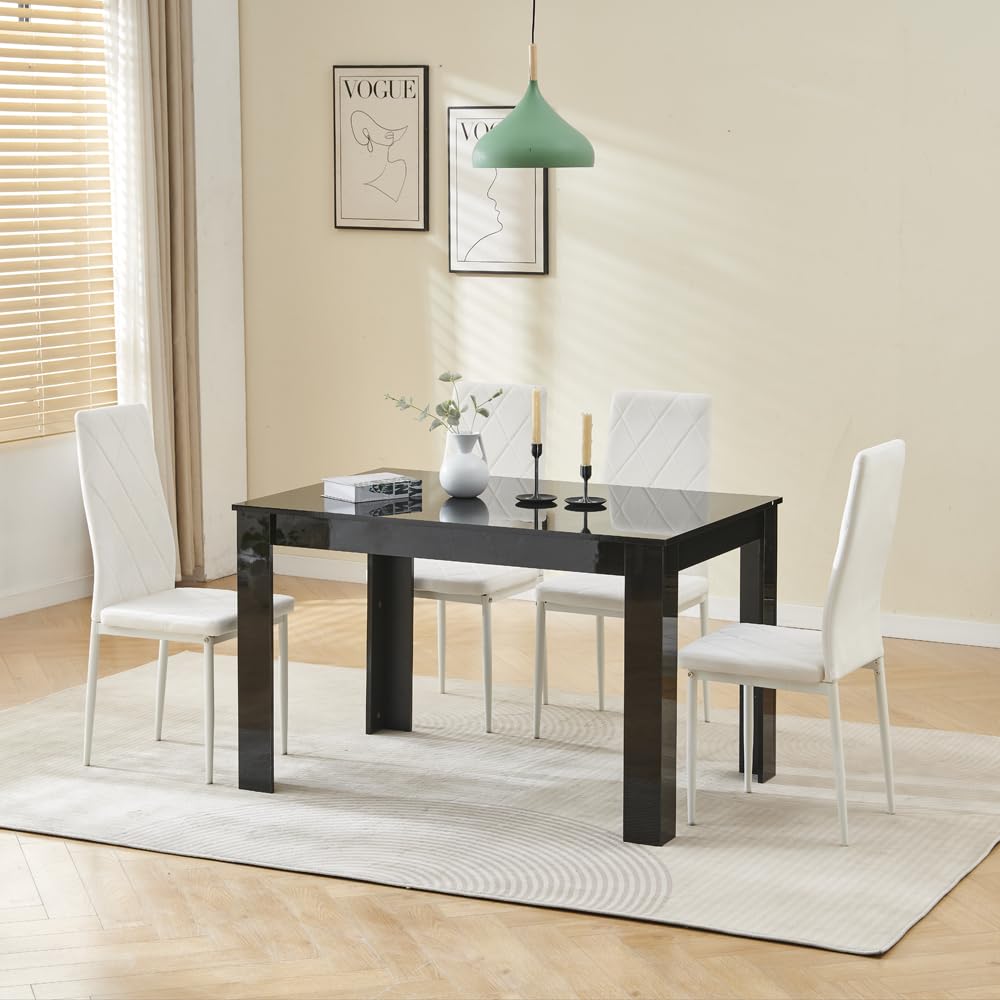 Menaka Wood Dining Table and Chairs Set of 4, Small Rectangular Kitchen Dinner Table with 4 Seaters (argyle grid white velvet chairs, 120m high gloss black table, 4 seaters)