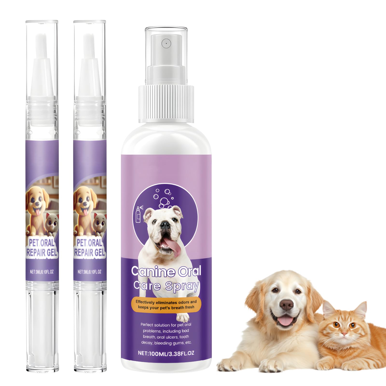 KIKAWORD 3 PCS Dog Dental Care Spray Set,Dog Breath Freshener with Pet Dental Care Pen,No-Brush,Gentle Formula for Fresher,Healthier Mouths（100ml+6ml