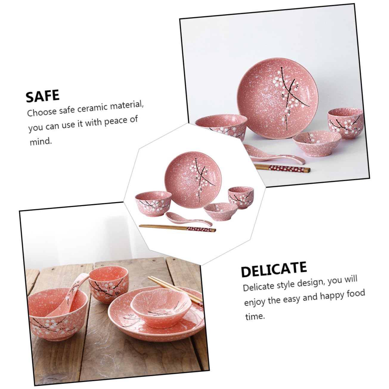 COLLBATH Vajilla Rosa Diseño Japonés Seguro para Hogar y Restaurantes con Cuencos Platos Tazones y Cubiertos Elegantes