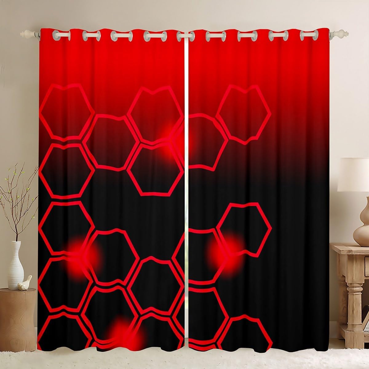 Feelyou Red and Black Darkening Drapes (2 Panels, 52 x 63 Inch) Honeycomb Curtains for Bedroom Living Room for Kids Decor Geometrical Blackout Curtains Beehive Geometric Pattern Red Window Treatments