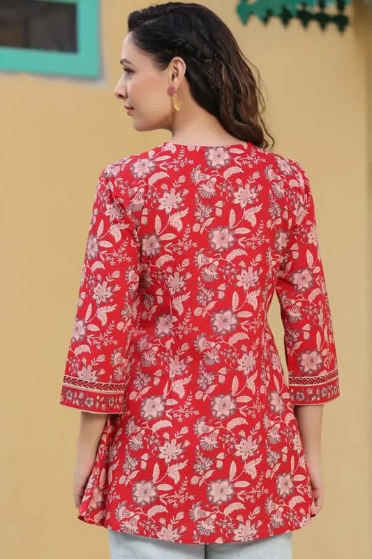 Image of Women's Ethnic Printed Rayon Short Kurta | Stylish Round Neck V-Slit Straight Kurti | Comfortable, Office & Casual Kurta for Jeans, Leggings & Trousers