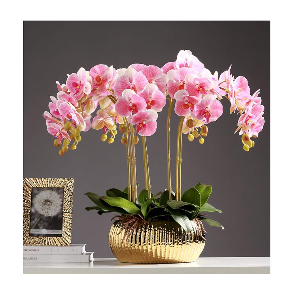 Orquídea Artificial Phalaenopsis con Maceta Dorada, Flores Falsas, Ramo de Flores de plástico para el hogar, jardín, Fiesta, arreglos de Flores Artificiales, Adornos