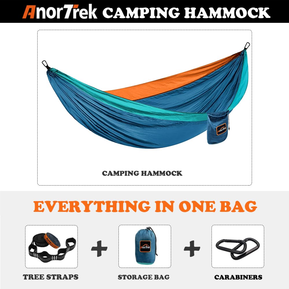 Anortrek Hamak outdoorowy, 2-osobowy, 300 x 200 cm, nośność 250 kg, ultralekki, akcesoria kempingowe z paskami na drzewo, oddychający nylonowy hamak podróżny do wędrówek i ogrodu