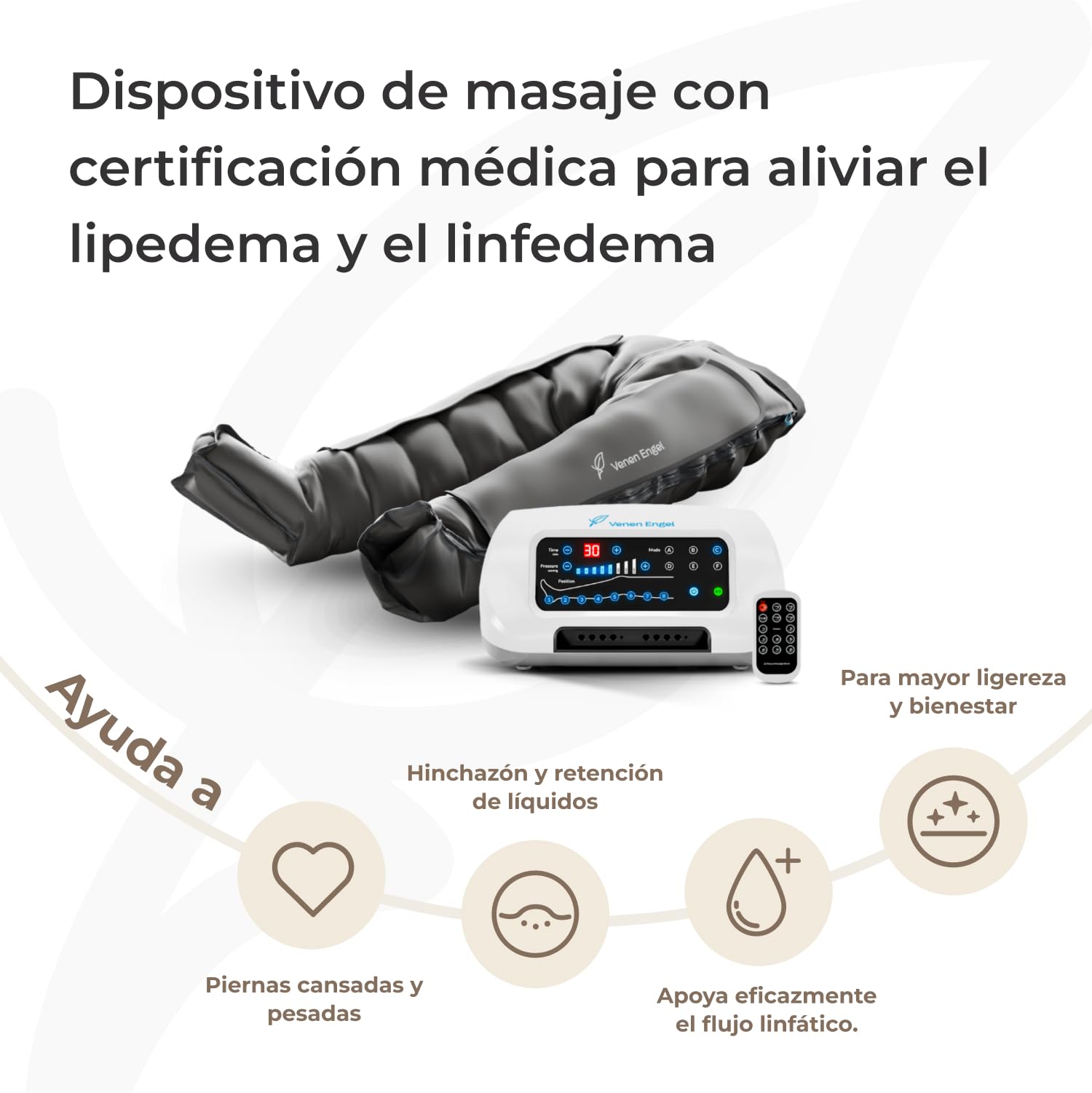 Venen Engel 8 Medical con Pantalones Lymph-Flow, 8 cámaras, 6 programas, certificado médico – masajeador de piernas tipo botas de recuperación, ideal para drenaje linfático manual