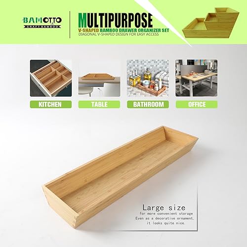 Miniatura 5 de Juego de 3 organizadores de cajones de bambú en forma de V, platos grandes y largos de cocina, caja de almacenamiento de cubiertos y cubiertos,