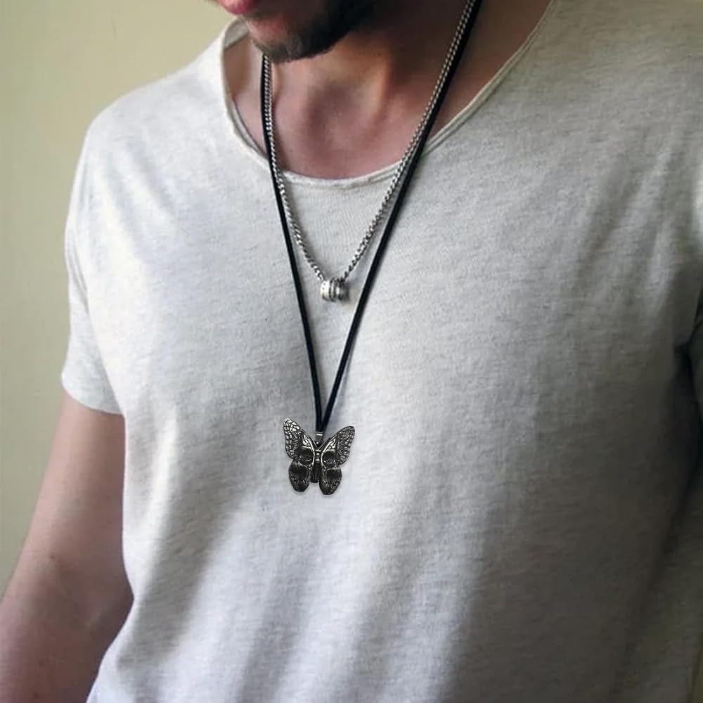 Collana Gotica Con Teschio E Falena – Ciondolo In Metallo Argento, Stile Punk