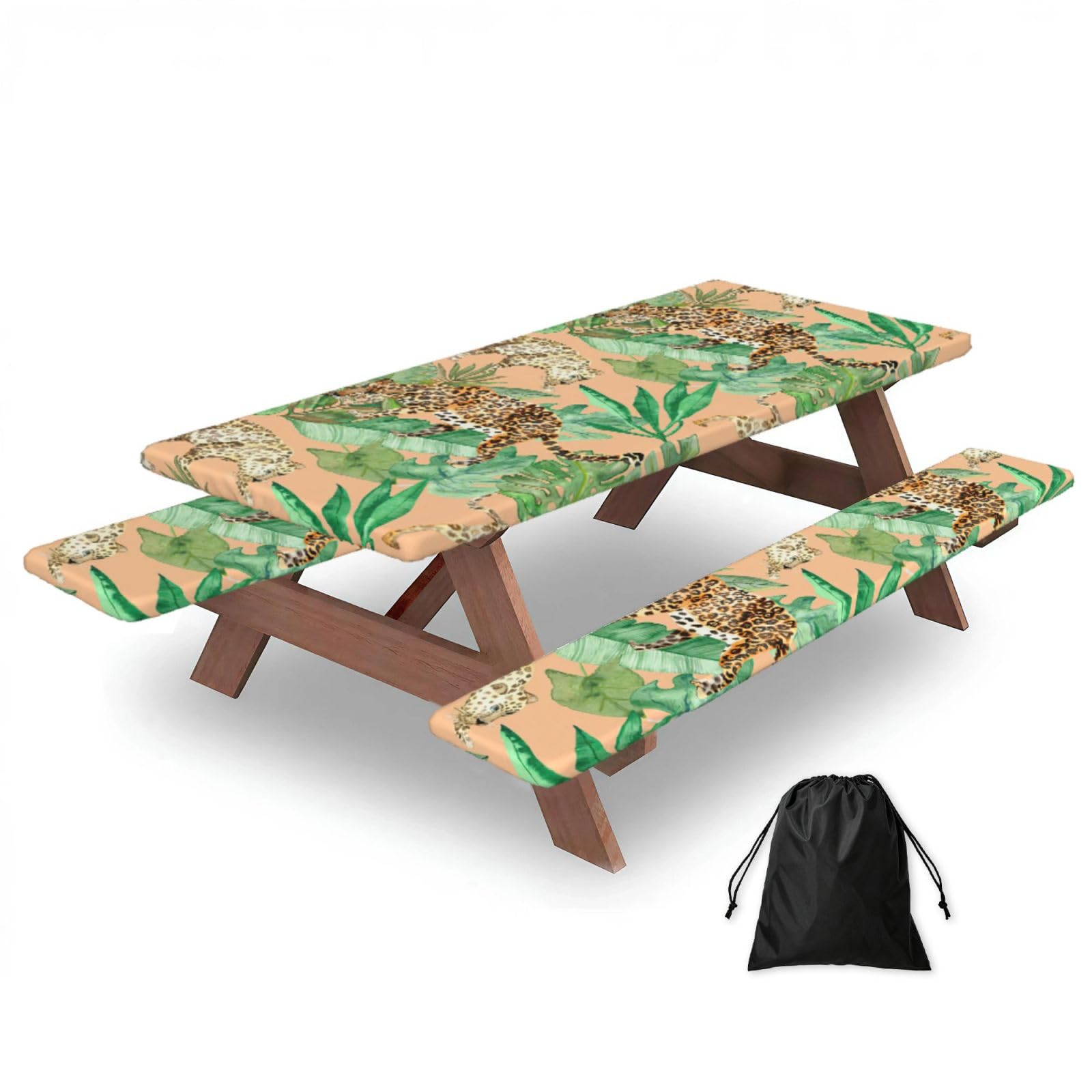 Yqxwjl Black Leopard And Palm Leaves Print Camping Essentials Waterproof Camping Table And Bench Cover With Drawstring Bag 183 Cm