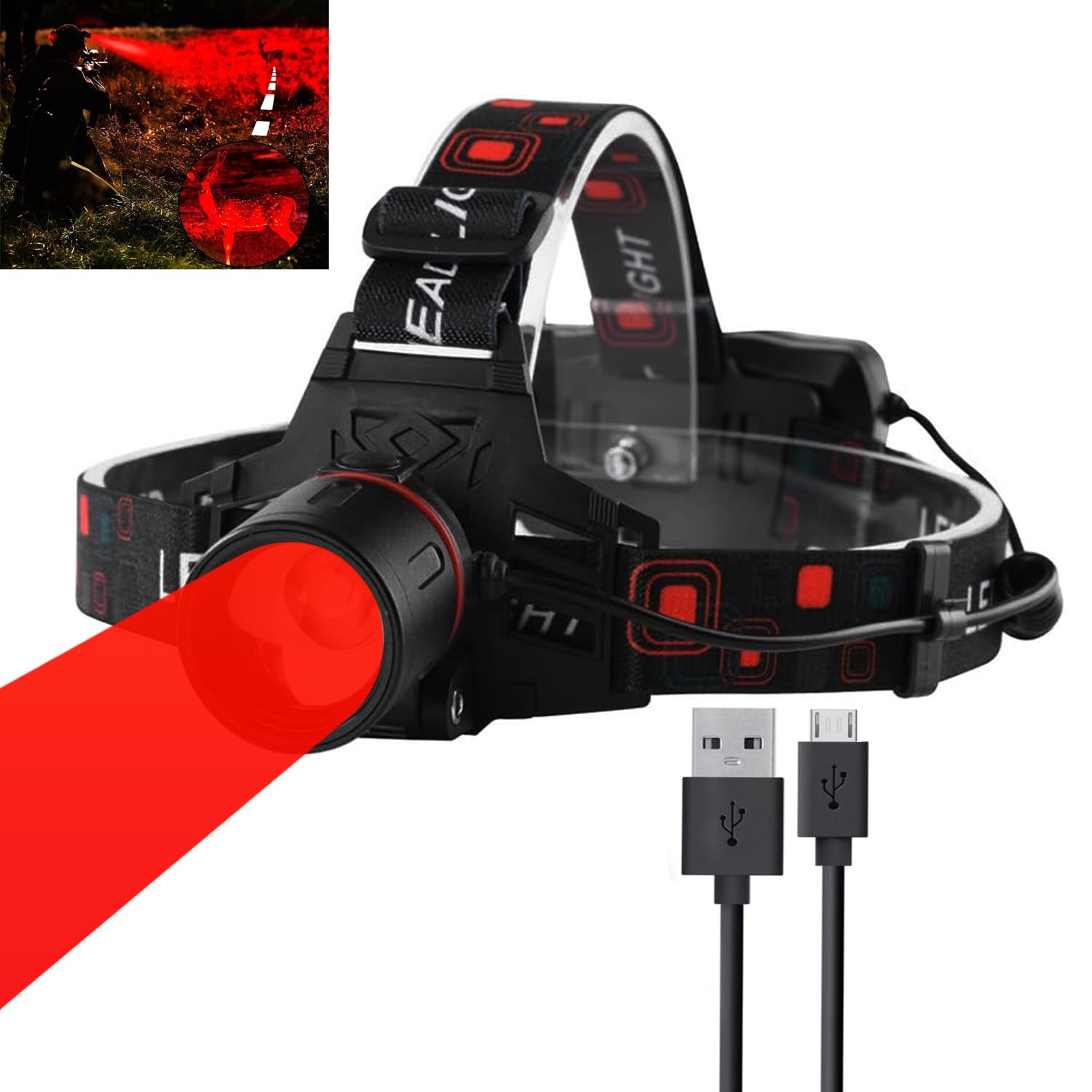 GRACETOP Hunting Red Light Headlamp, LED Rechargeable Headlamp Zoomable LED Headlight with 3 Lighting Mode and Water Resistant for Running Camping Hiking Reading Aviation