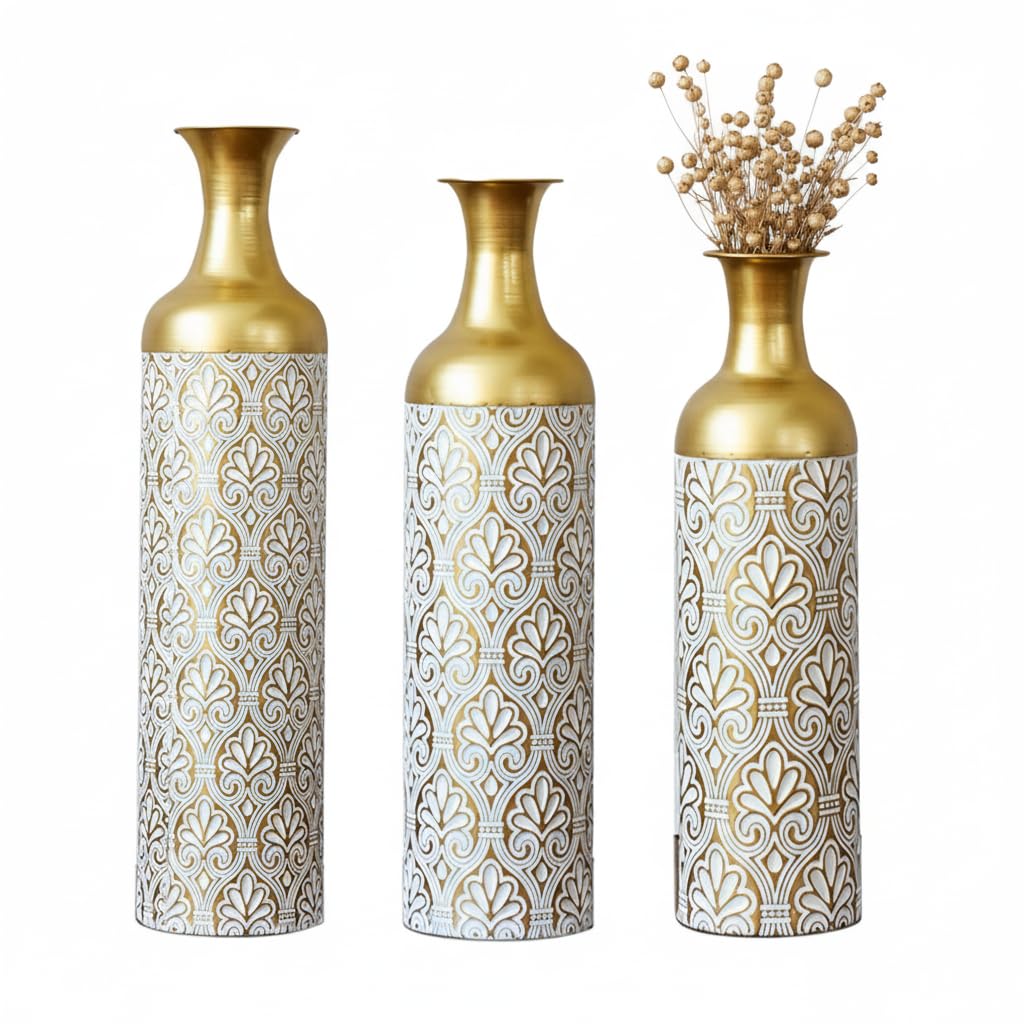 Juego de 3 jarrones altos de suelo – 83/65/50 cm, jarrones de metal blanco y negro para hierba de las Pampas, flores secas y ramas, jarrones decorativos para sala de estar, dormitorio (oro blanco +