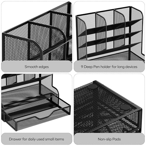 APH02 Multi-Functional Pen Pencil Holder, Desk Organizer with Drawer, Office & Art Supplies Storage，Large Size (Black) image 4
