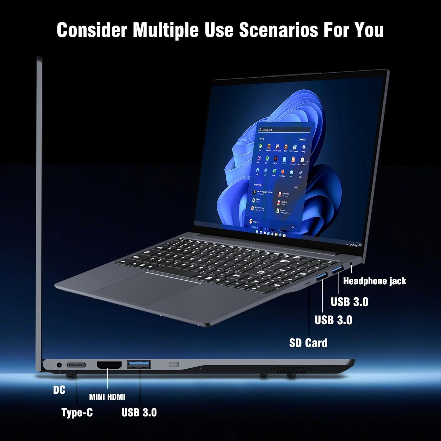 Tunhail PC Portatile 15.6 Pollici, Win 11 Notebook, Core Fino a 3.4GHz, Computer Portatile 16GB RAM 512GB SSD, Laptop IPS FHD 1920x1080, WiFi 5, Mini HDMI, USB-3.0, Type-C,Adatto a studenti e lavoro