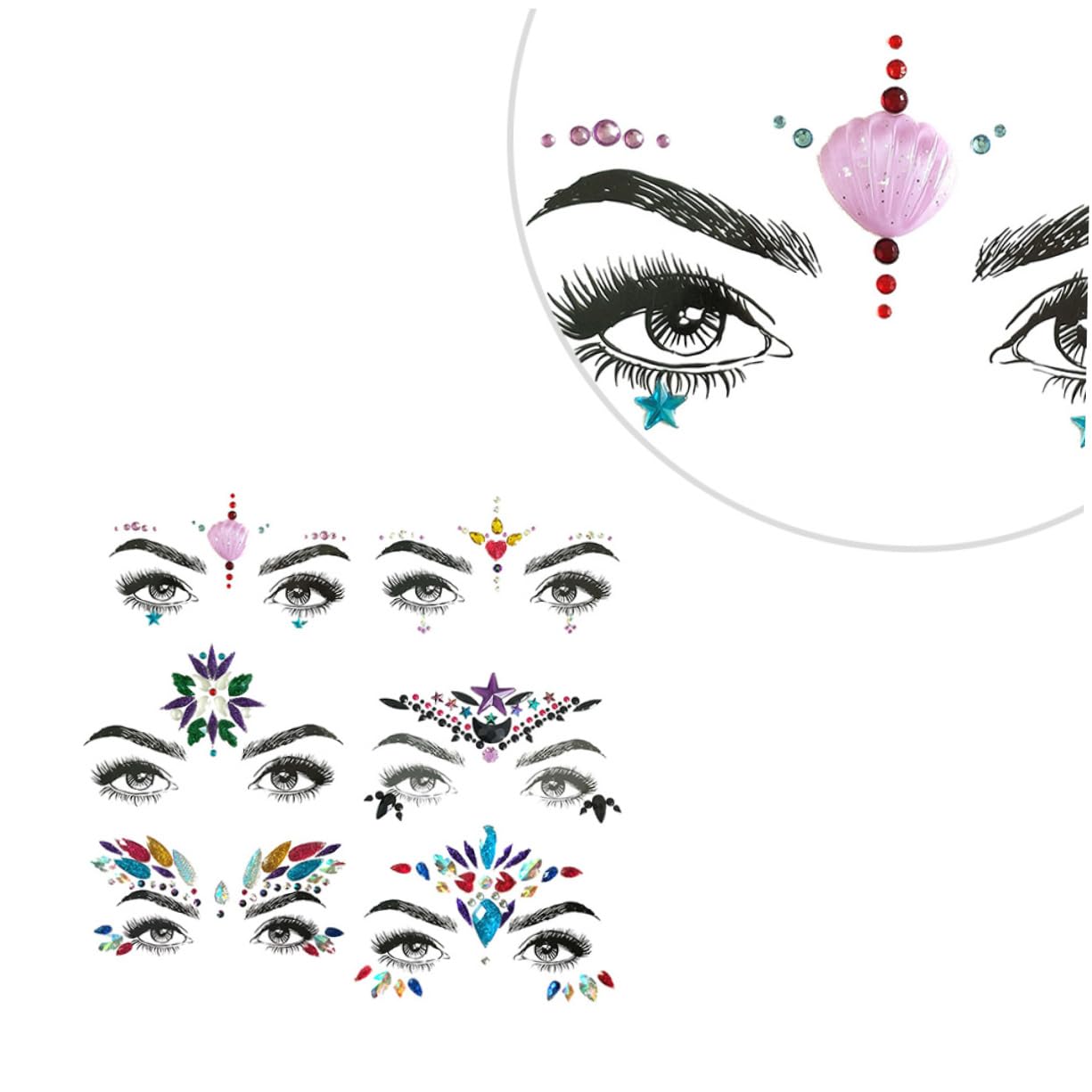 FRCOLOR 2 Set Di Gioielli Adesivi Per Il Viso Glitterati Adesivi Per Il Corpo Per Festival Per Trapano in Acrilico Strass Di Cristallo Per Feste 6 Pezzi*2