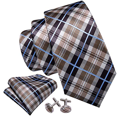 Image of Barry.Wang Plaid Ties for Men Silk Necktie Handkerchief Cuff Links Set