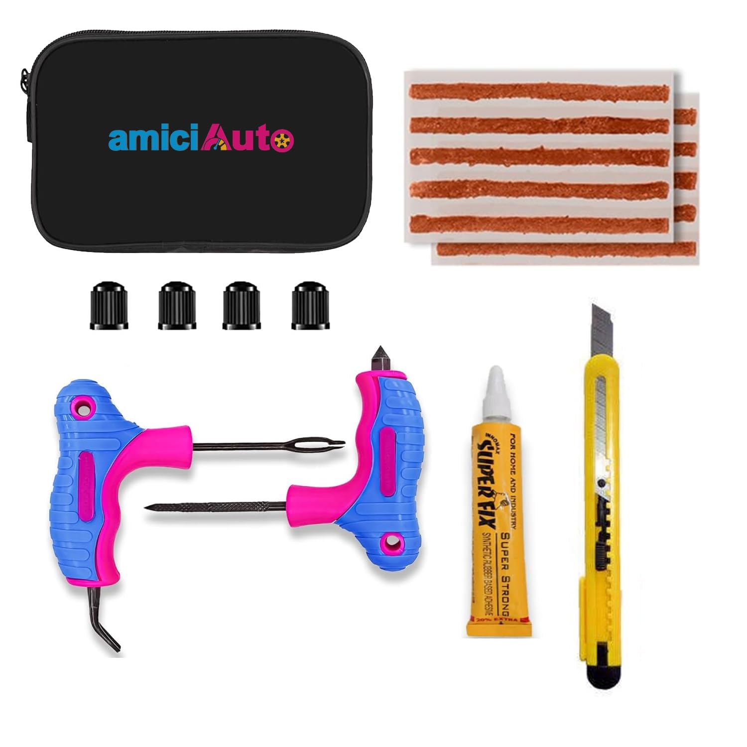 amiciAuto Tubeless Tyre Puncture Repair Kit – Heavy-Duty 4-in-1 Reamer, Probe, Cutter & Valve Caps | Complete Motorcycle & Car Tyre Repair Set with Sealant Strips | Emergency Glass Breaker Function