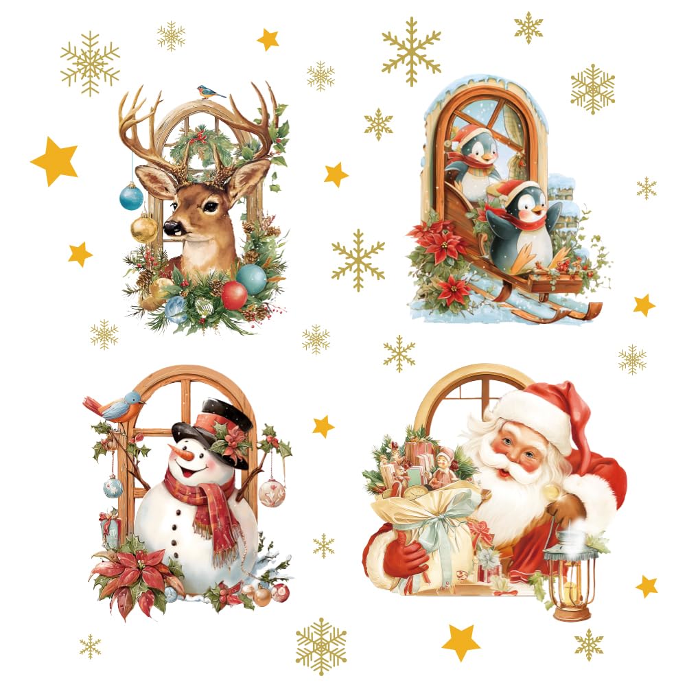 PLIGREAT 3 Sheets 3D Christmas Window Wall Stickers Snowman Santa Reindeer Break Through the Window Wall Decals Removable Winter Xmas Large Stickers for Christmas Party Nursery Living Room Home Decor