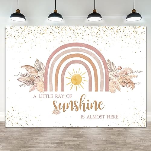 Ticuenicoa Telón de fondo bohemio de 7 x 5 pies para baby shower, con texto en inglés "A Little Ray of Sunshine is Almost Here Baby Shower Party