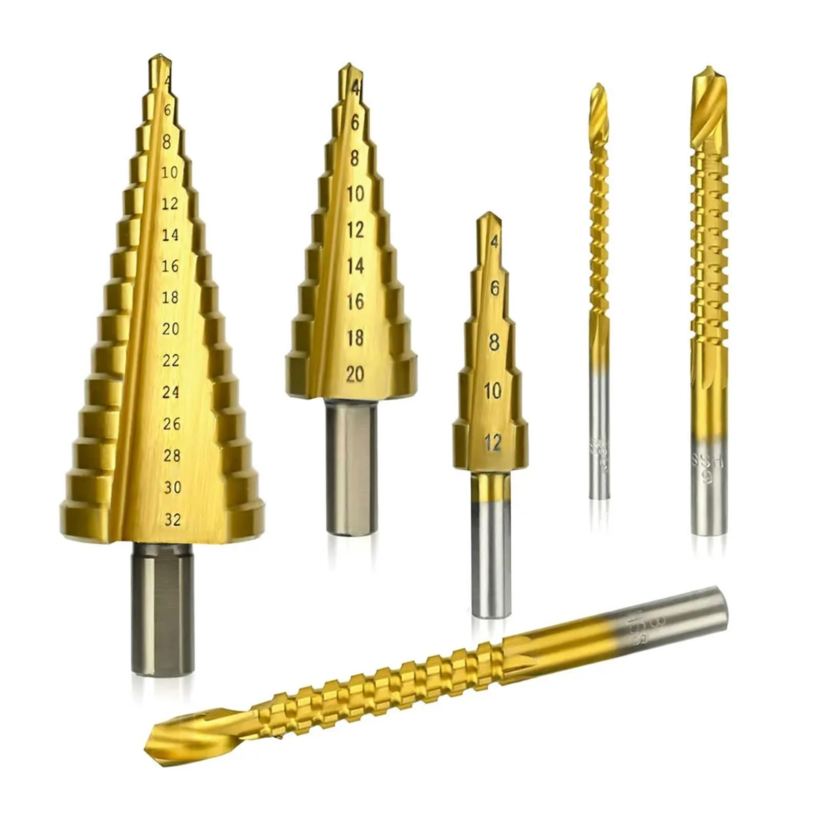 Brocas de pagoda diente sierra recubiertas titanio 6 piezas | Brocas escalonadas con ranura en espiral especializadas for trabajos de perforación en madera(With Case)