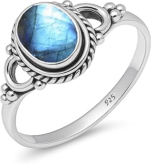 HIMALYA QUARTZ レディース リング 天然ラブラドライト 宝石 925 スターリングシルバー ハンドメイド 6x8mm オーバル 婚約 ボーホーリング SH-NH04-LRDT-10.5