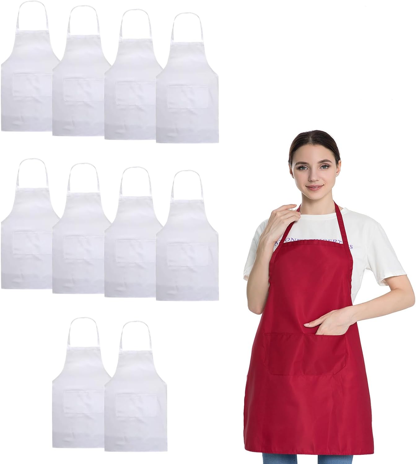 White Aprons Bulk with Pockets for Women Girls Adults Chef, Set of 10 Kitchen Bib Apron for Cooking Baking Restaurant Painting DIY (10, White)