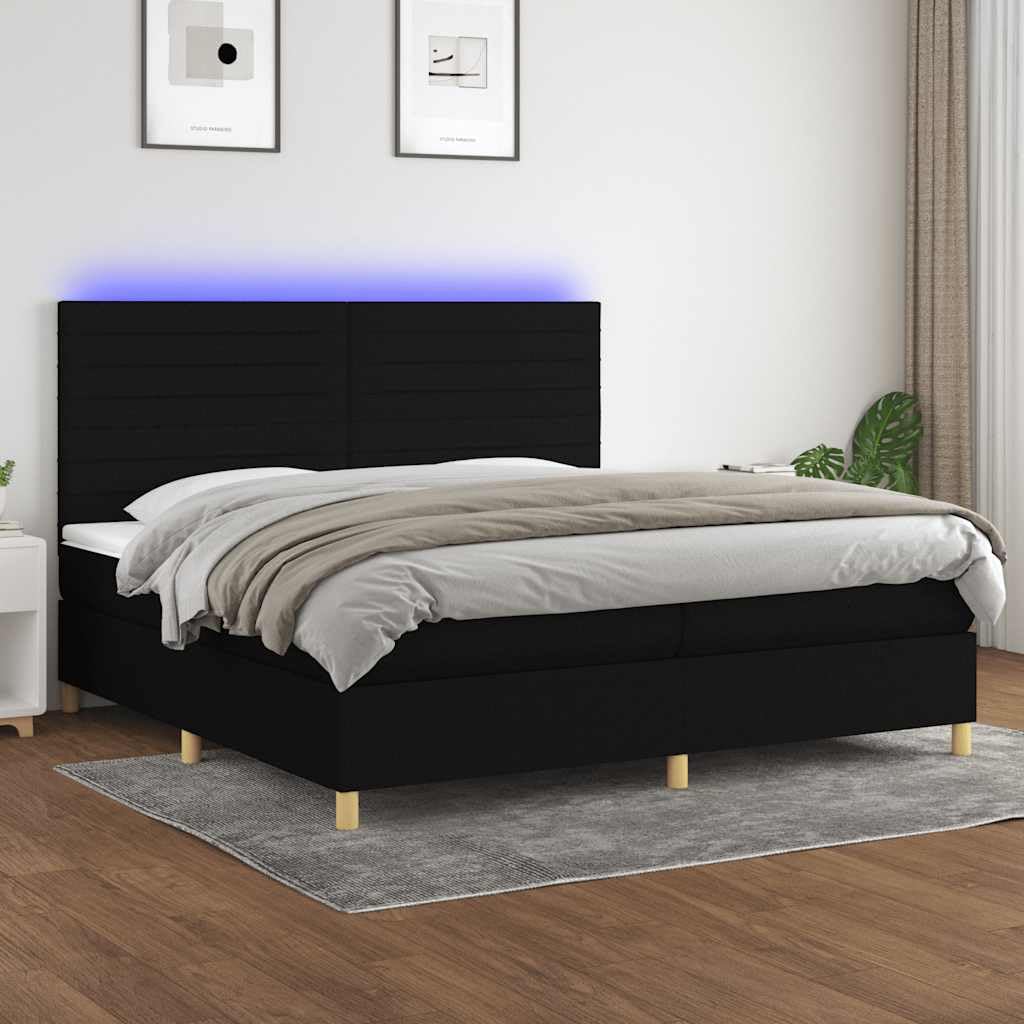 tkanina diodami LED regulowanym zagłówkiem czarny 200x200cm | Łóżko kontynentalne z materacem czarne 200x200 cm tkanina z LED i regulowanym zagłówkiem do sypialni