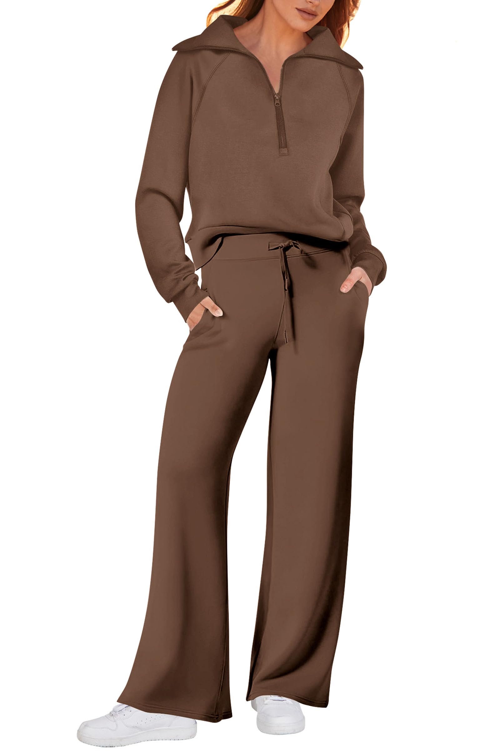 PRETTYGARDENWomen's 2 Piece Outfits Casual Lapel Half Zip Sweatshirts And Wide Leg Pants Tracksuit Sets