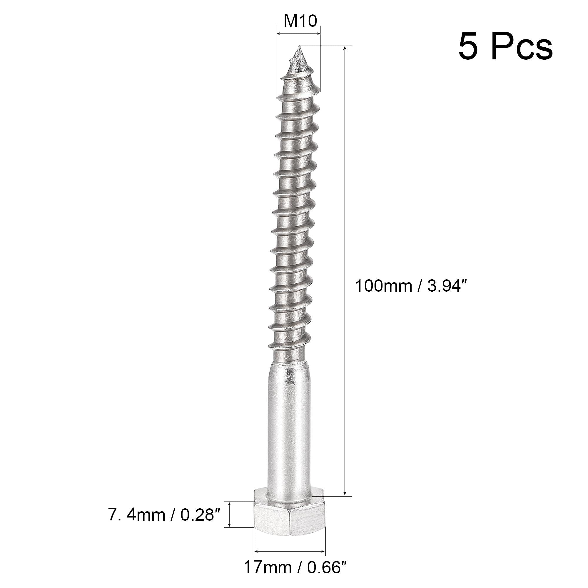 Unifizz 5 Pcs Hex Lag Screws, M10 x 100mm 304 Stainless Steel Wood Bolts - Image 2
