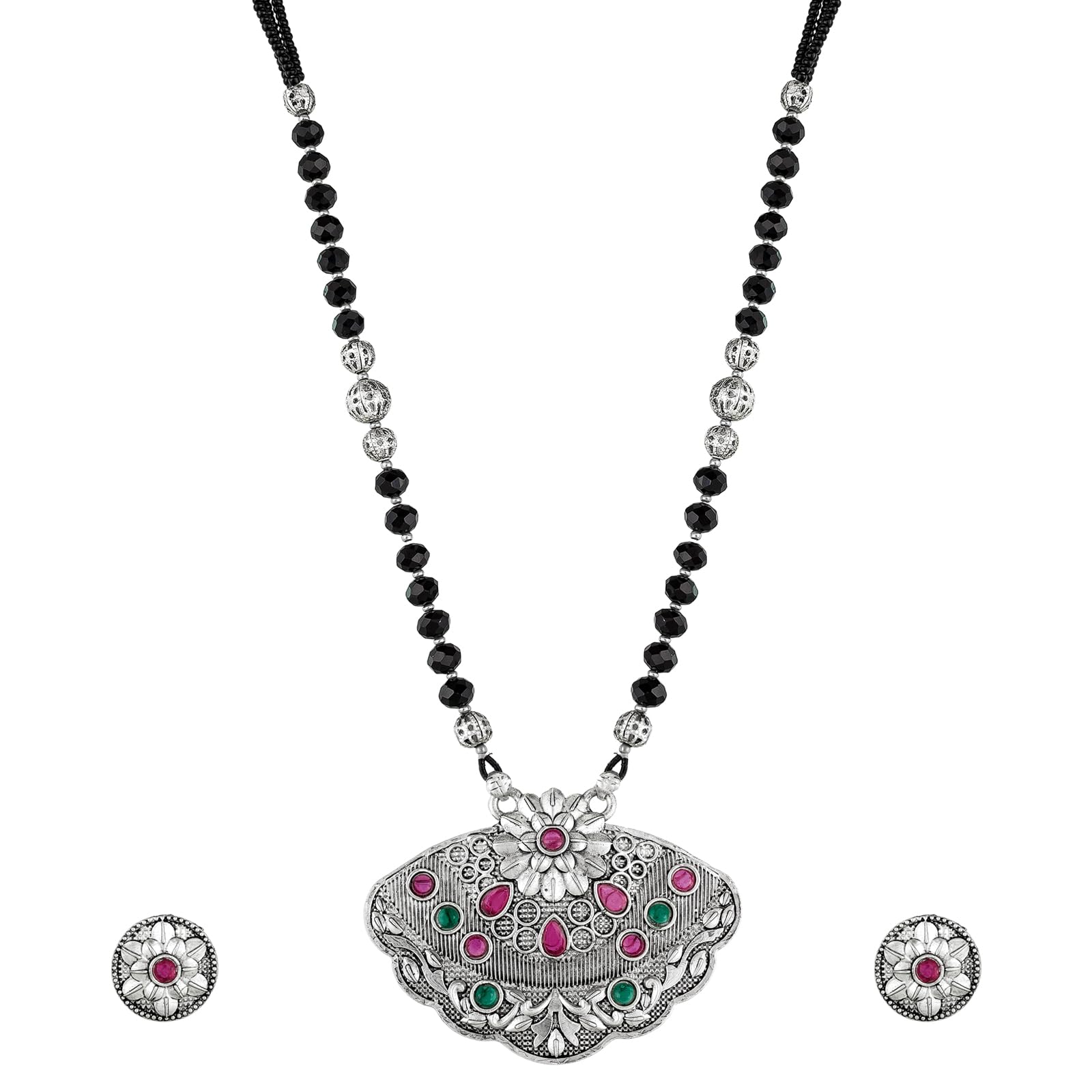 Aadita Oxidized Silver Toned and Black Stone Studded Tribal Mangalsutra For Women With Earrings - MS2783-image-43