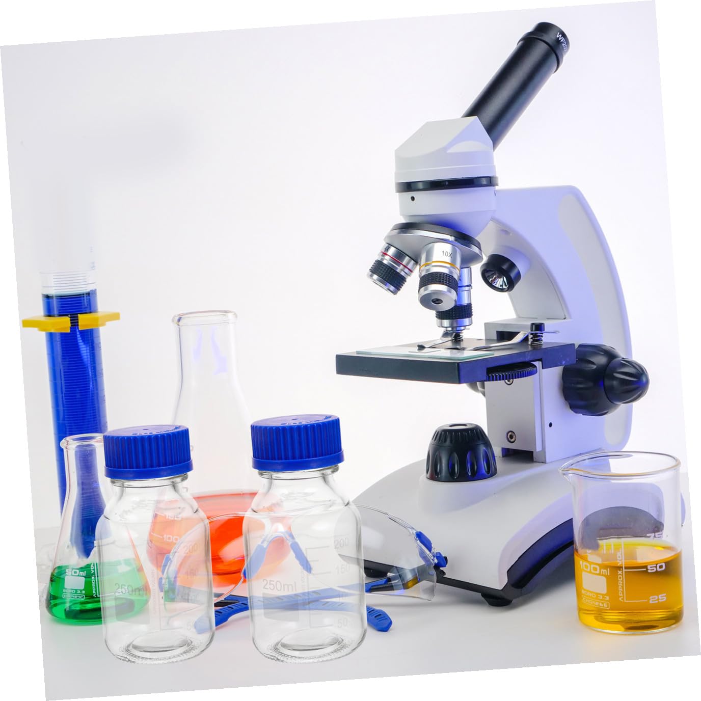 Set 4 Bottiglie di Vetro per Reagenti Blu con Tappo a Vite, Capacità 250ml, Resistenti a Rottura e Usura, per Laboratori e Applicazioni Didattiche