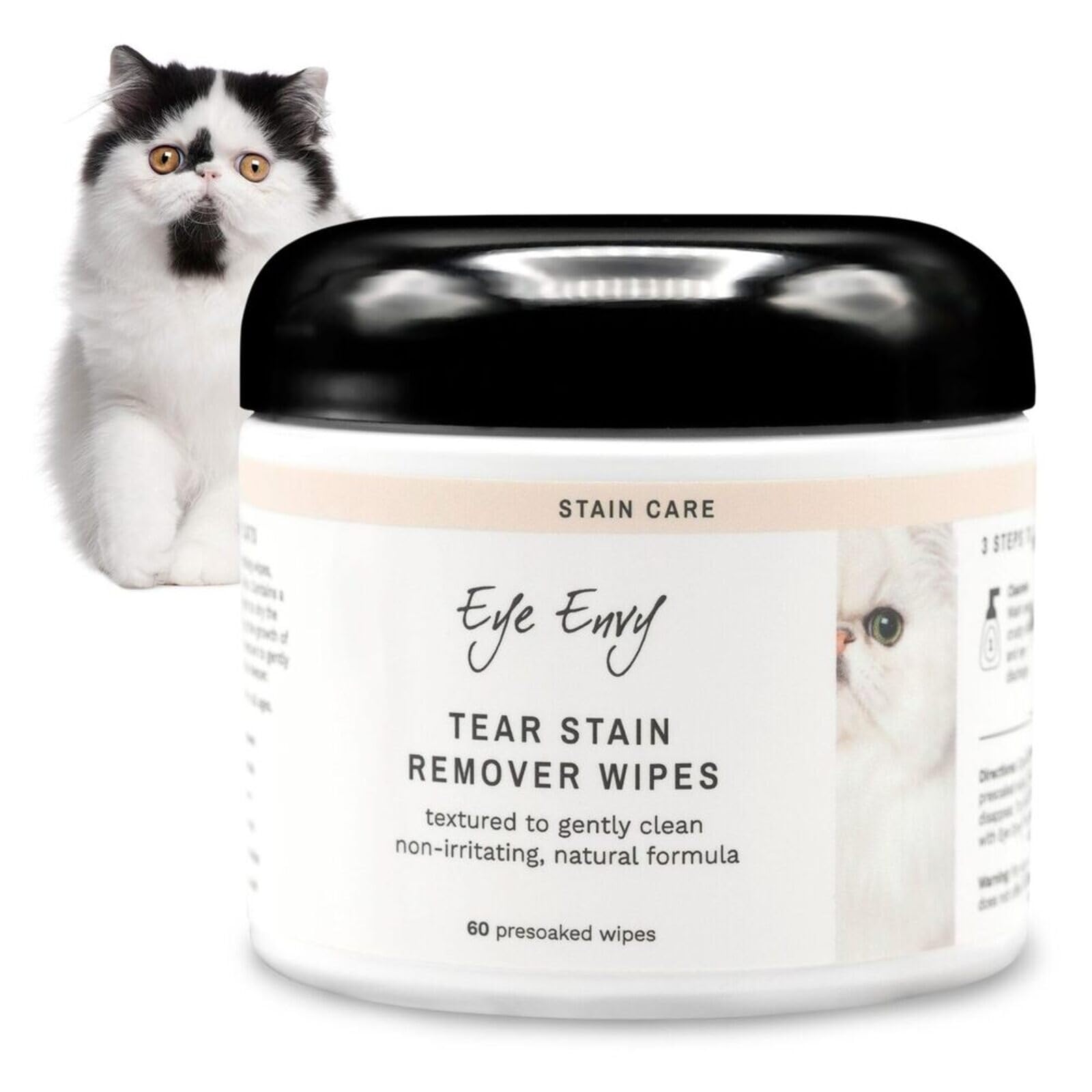 Tear Stain Wipes for Cats | Textured to Gently Clean, Treats The Cause of Staining | 100% Natural Formula | Recommended by Persian & Exotic Breeders, Vets, Groomers | 60 Ct