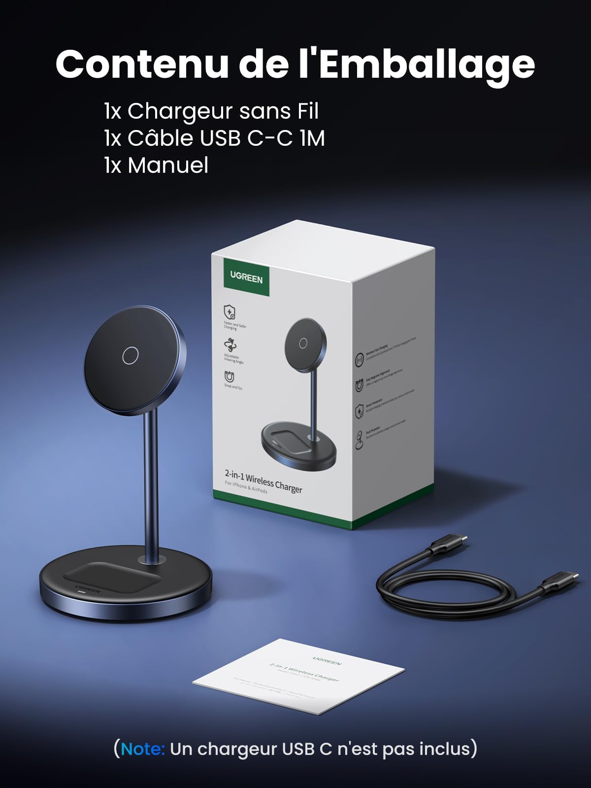 UGREEN Zapix Chargeur Induction iPhone 2 en 1 Qi Compatible avec MagSafe iPhone 17 16 15 14 13 12 Air Plus Pro Max AirPods 4 3 Pro 3 2 1 Station de Charge sans Fil Magnétique Rapide Mode Standby