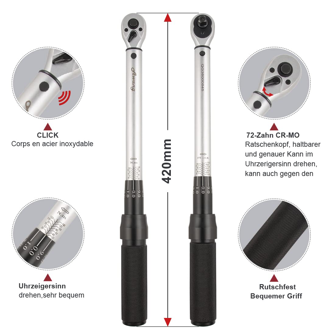 Awang Chiave dinamometrica 3/8", 20-140 Nm, set di chiavi dinamometriche per moto, ±3% precisione di errore, 72 denti