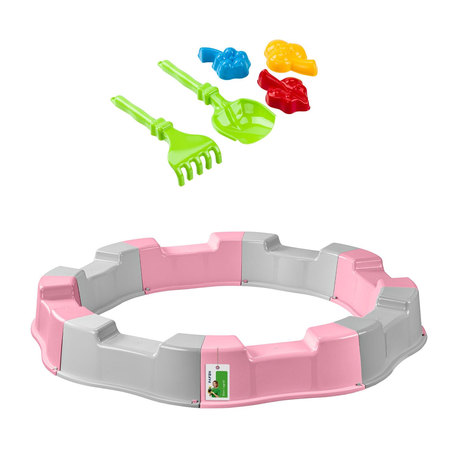 Sandkasten für Kinder mit Spielzeug - 160 x 22 cm - Modularer Sandbox 8 Elemente Runder Sandkiste für Garten Outdoor | Grau/rosa | Kunststoff