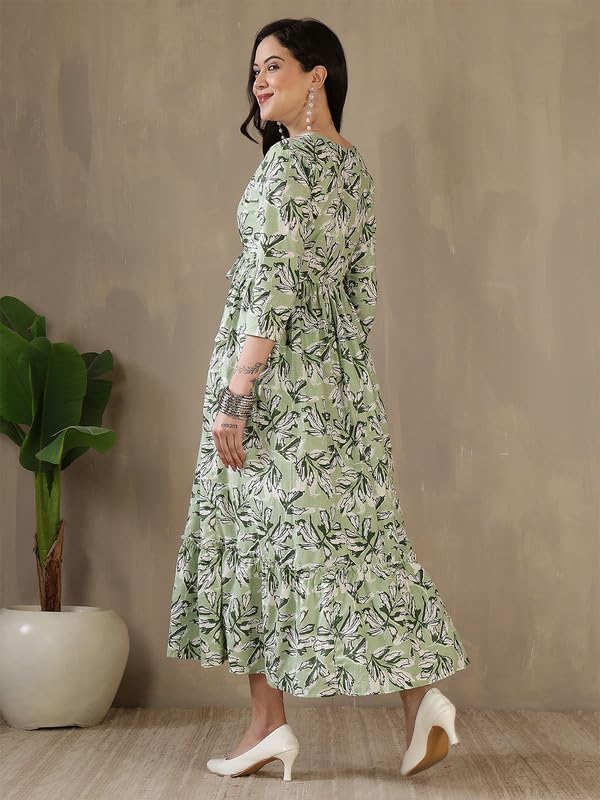 Image of Daevish Women's New Rayon Printed Tie-up Waist V Neck Flared Maxi Dress | Women Flared Dress