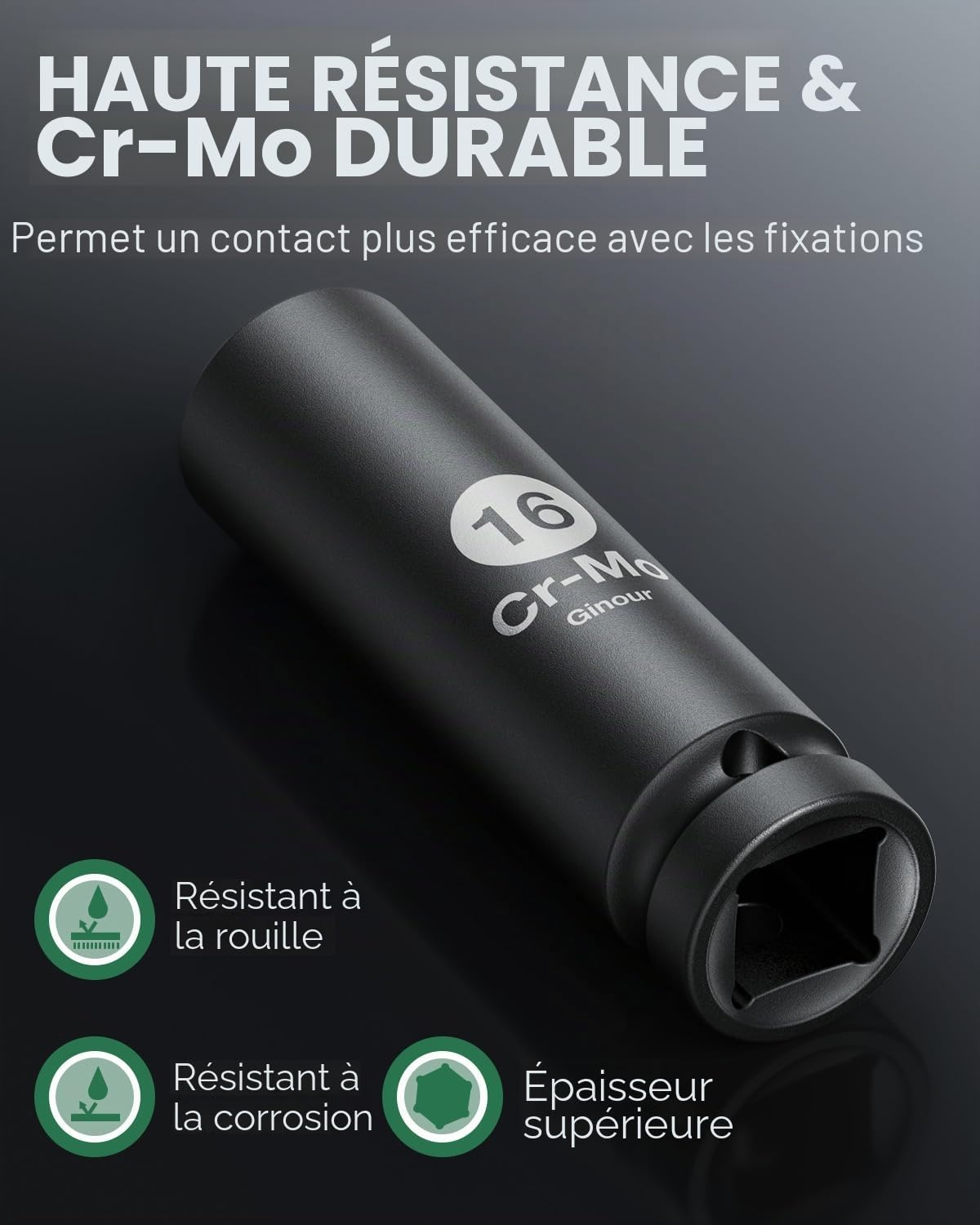 Ginour Coffret de 17 Pièces 1/2" Douilles à Chocs 10-32 mm, Jeu de 16 Douille Longue Hexagonales CR-Mo Avec Adaptateur 3/8" à 1/2"(17tlg, 10-32mm)