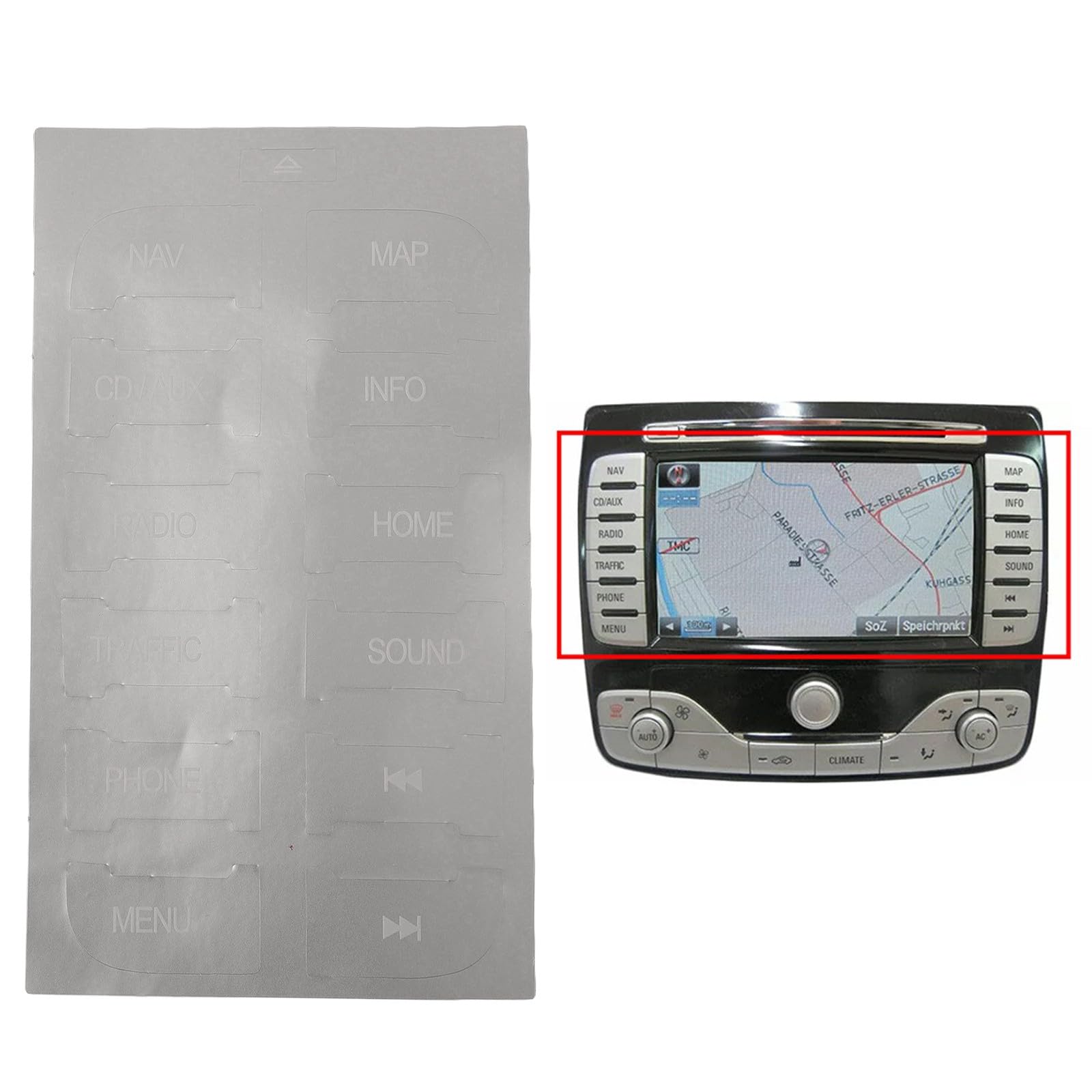 Button Repair Decal Sticker for FORD S-Max 2011, Silver Vinyl Push Button Replacement with Black Overlay and White Lettering, 1 Pack