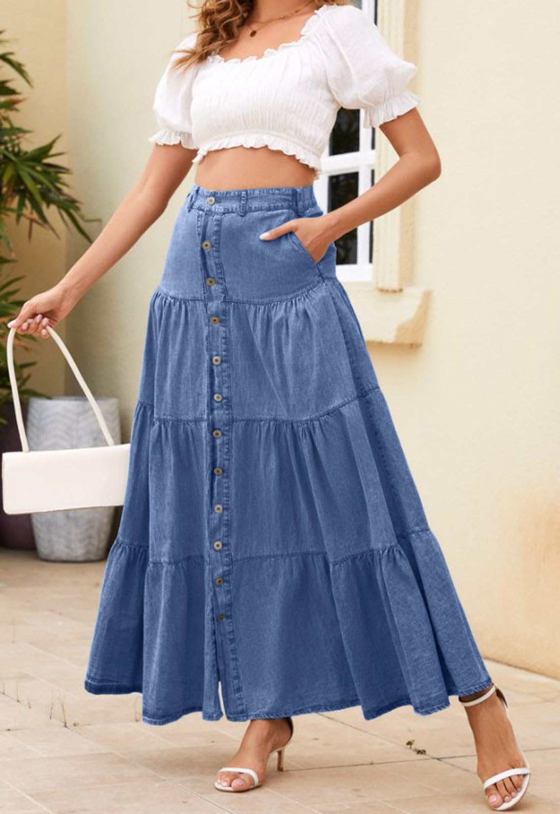 loveimgs Jupe longue en jean taille haute élastique pour femme avec boutons et volants, poche patchwork Y2k