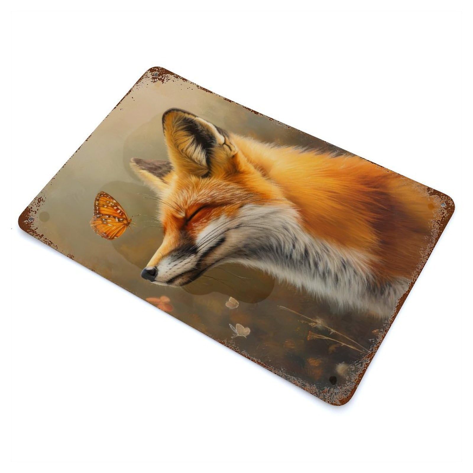Vintage Rust Metal Sign Fox And Butterfly 11.8"x7.9", Shabby Chic Decor for Cafe, Home Bar And Lounge Decor