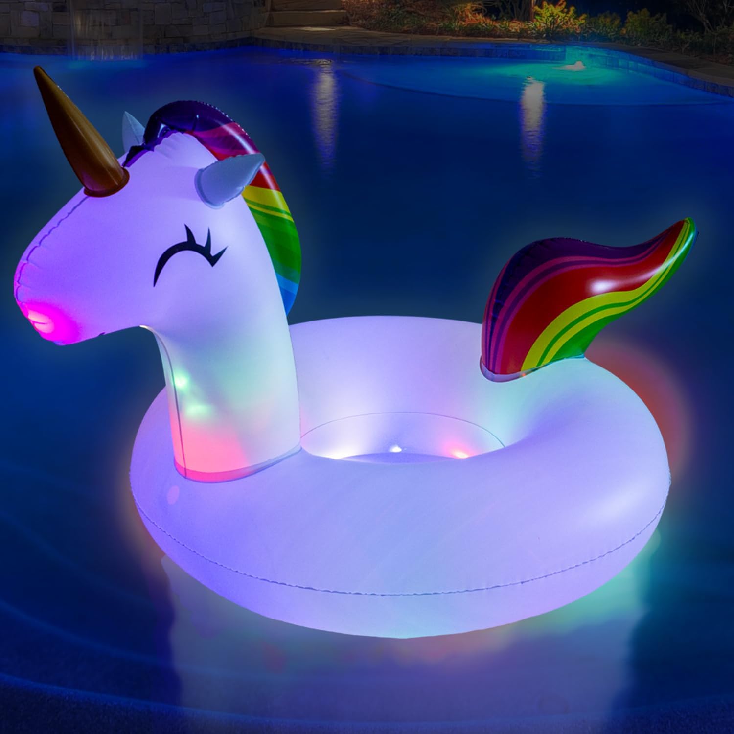 Float Joy Unicorn Pool Floats for Kids & Adults Inflatable Unicorn with Solar Lighting Ring Pool Floaties Pool Toys for Beach Pool Party