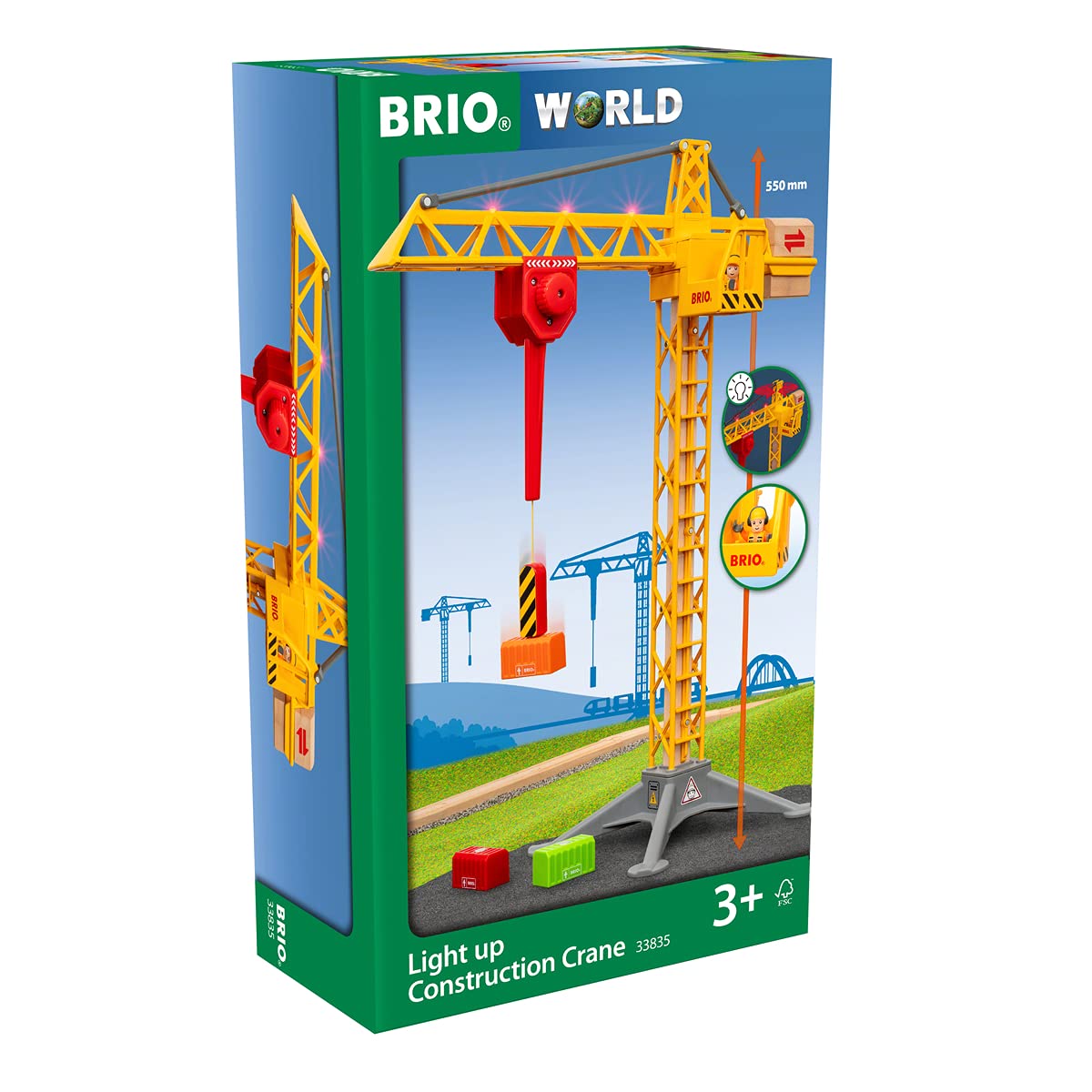 BRIO World 33835 Großer Baukran mit Licht - Zubehör für die BRIO Holzeisenbahn - Empfohlen für Kinder ab 3 Jahren & 33534 - Containerschiff mit Kranwagen