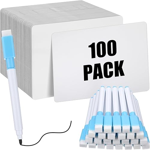 Fulmoon Juego de 100 pizarras de borrado en seco con marcadores, pizarras de borrado en seco, paquete de aula, pizarra blanca pequeña de 9 x 12