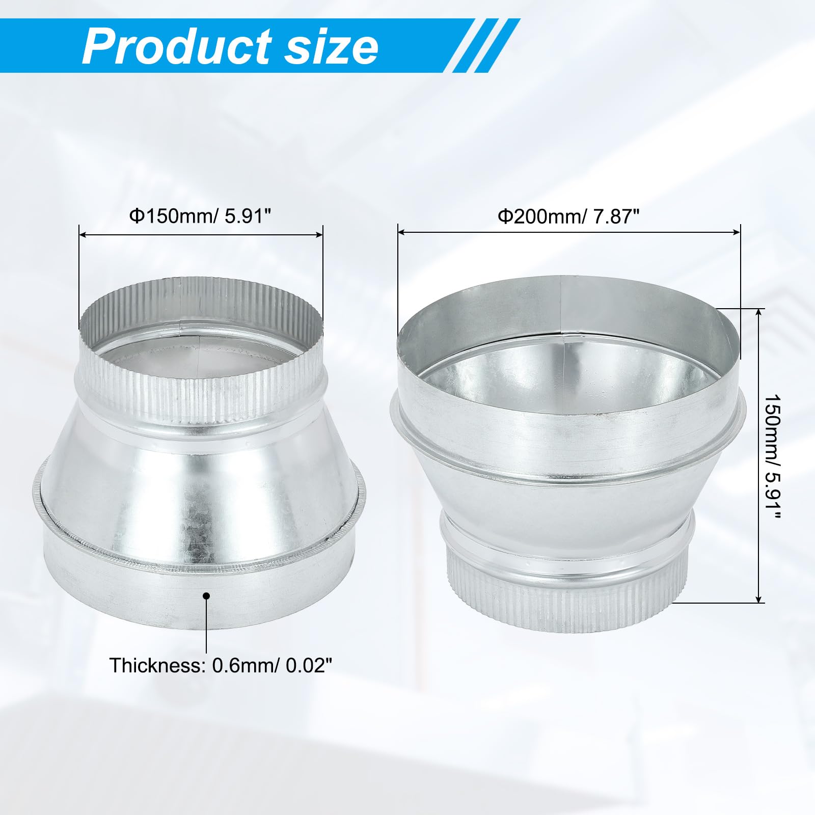PATIKIL 8 Inch to 6 Inch Duct Reducer, Galvanized Steel Round Air Duct Reducer Crimped Pipe Increaser Adapter Connector Fitting Coupling for HVAC, Ventilation Systems - Image 2