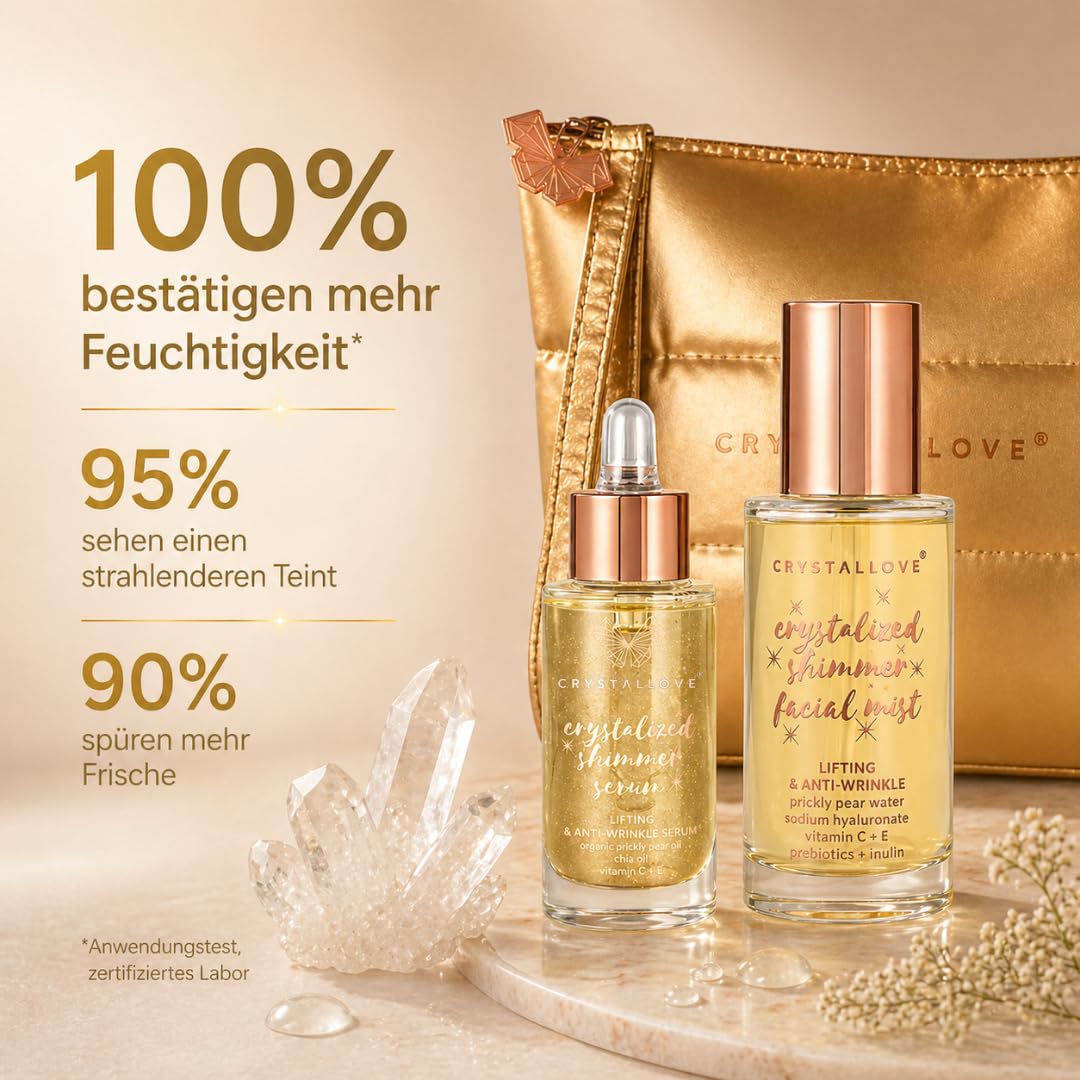 CRYSTALLOVE Clear Quartz Skincare Duo – Gesichtsserum 30 ml & Face Mist 100 ml mit Bergkristall inkl. Kosmetiktasche – Hautpflege Set für Glow, Feuchtigkeit & Frische – Geschenkset