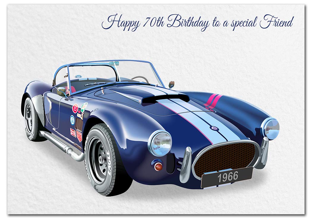 Extra Large Friend 70th Birthday Card - XL Big thick A4 size - Cool Cobra Vintage Classic Car Art - Special Age Year Traditional Greeting - Huge Happy Wishes Him Men Male - UK Eco-Friendly