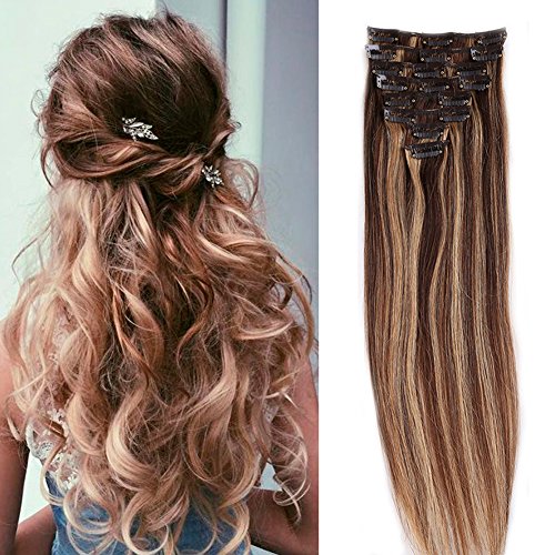 100% Real Remy Clip in Hair Extensions 16-22inch Grade AAAAA Natural Hair Full Head Standard Weft 8 Pieces 18 Clips Long Smooth Soft Silky Straight (22" / 22 inch 80g,#4/27 Medium brown / Dark Blonde)