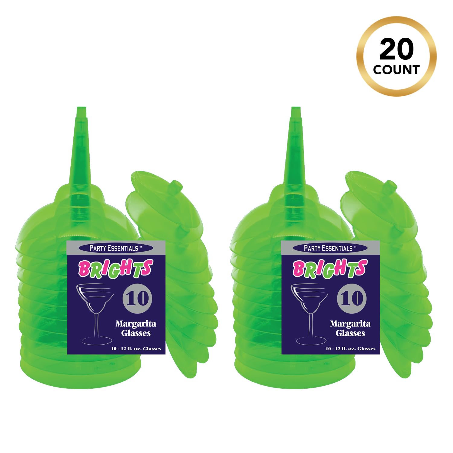 Party Essentials Two-Piece Disposable Plastic 12-Ounce Margarita Glasses/Cocktail Cups, Neon Green, 20-Count