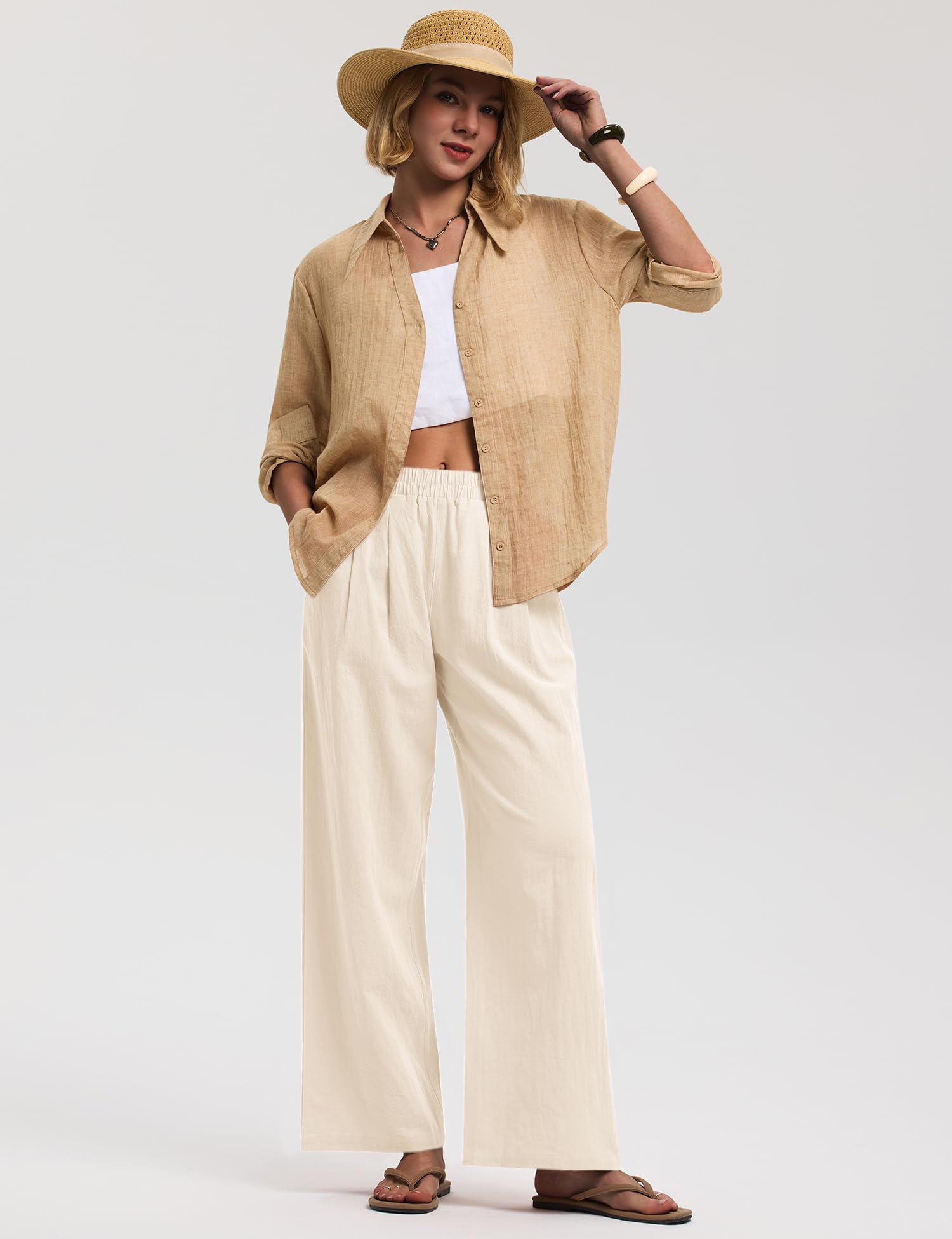 Rapbin Leinenhose Damen Weites Bein Sommerhose Baumwolle Freizeithose Elegante Stoffhose Leinen Leicht Loose Fit Casual Locker mit Taschen Casual Palazzo