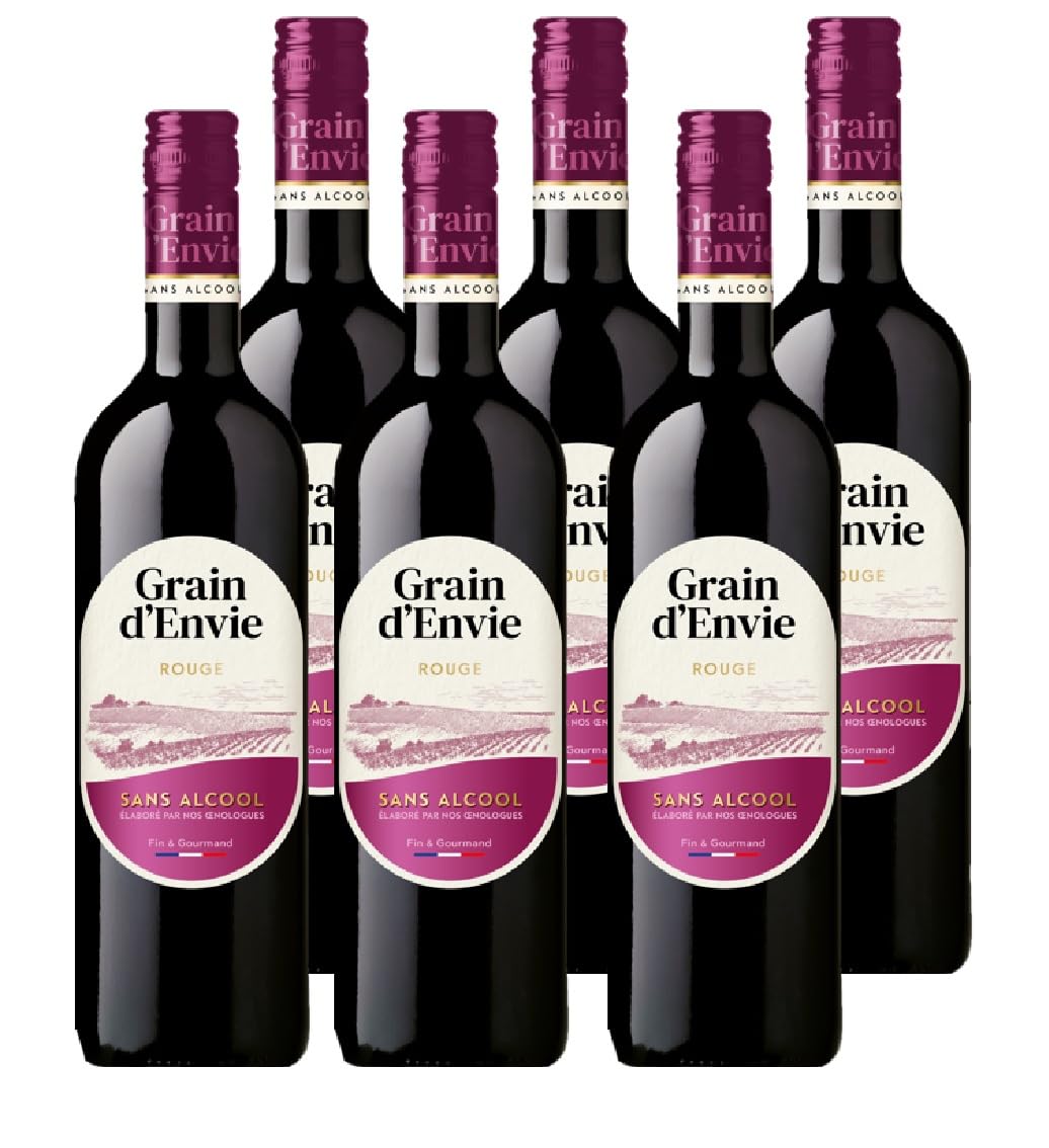 Grain D'Envie - Fruités Merlot Rouge - Sans Alcool Moins De 0.5% Vol - Lot de 6 bouteilles x 75 cl