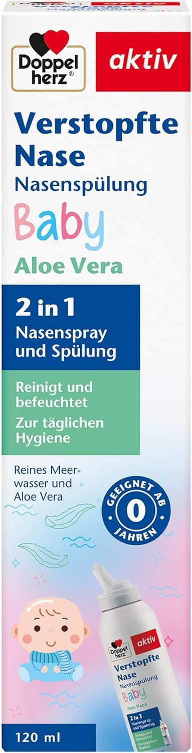 Doppelherz Verstopfte Nase Nasenspülung Baby - Reines Meerwasser und Aloe Vera - Reinigt und befeuchtet die Nasengänge ab 0 Monaten - 120 ml