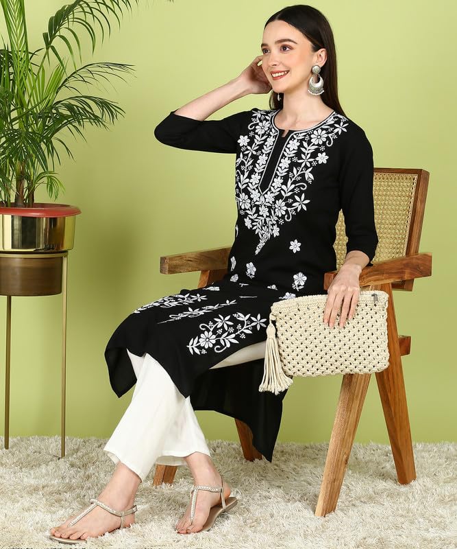 Image of Women Pink Ethnic motifs Embroidered Lucknowi Chikankari Long Kurti